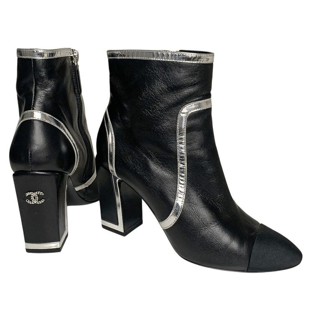 Chanel Interlocking C Black Leather and Grosgrain Ankle Booties EU 37.5 US 6.5-7